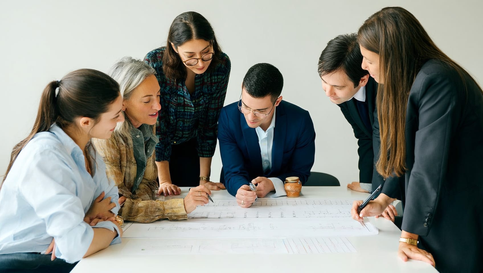 JULY Presales advisors reviewing a presale project timeline together at a bright office table