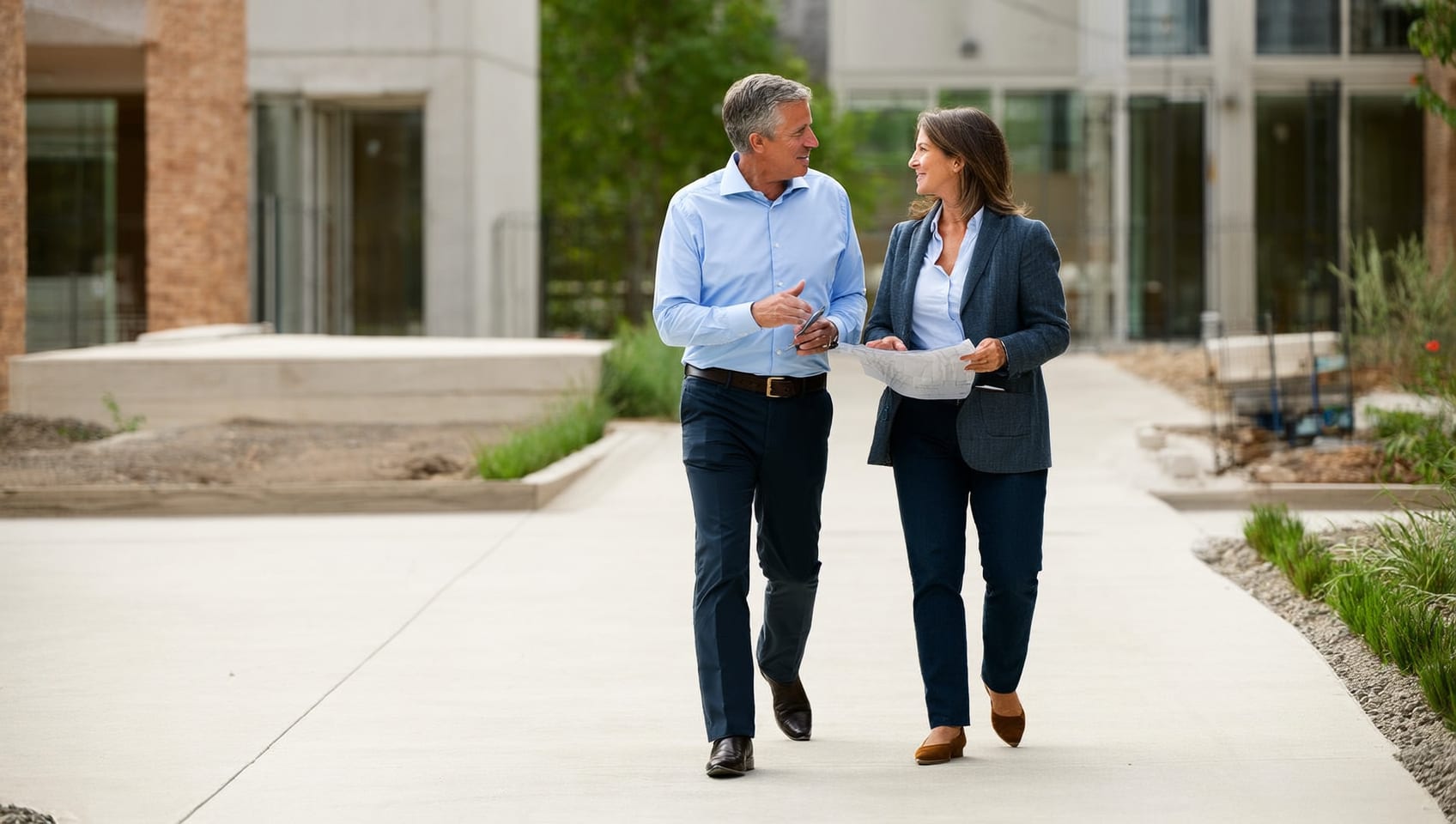 A JULY Presales advisor and a developer walking a construction site together reviewing plans
