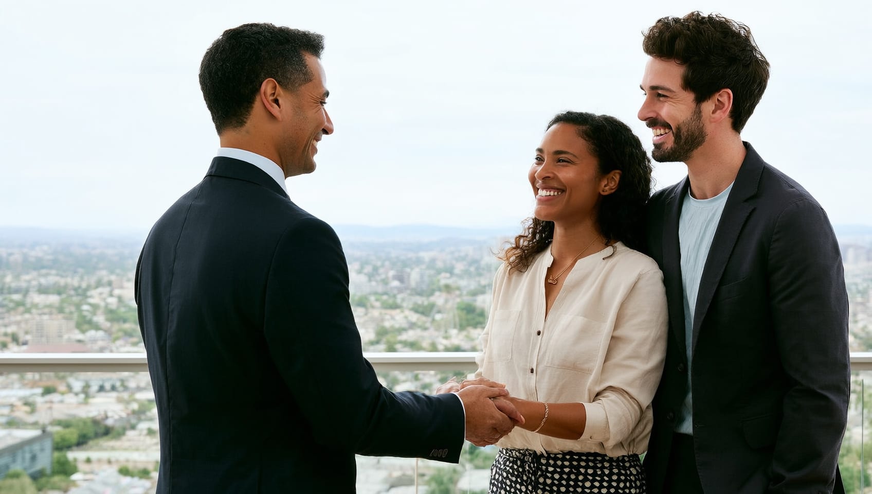 A JULY Presales sales associate handing over keys to a smiling young couple in a finished condominium unit