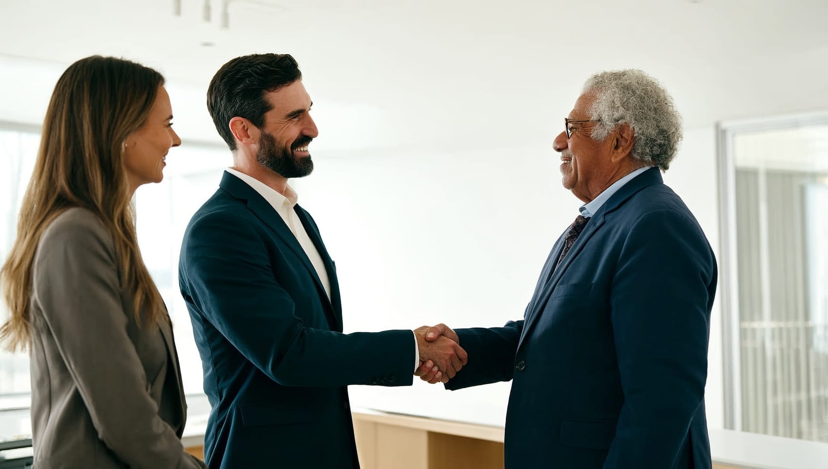 A warm handshake between a JULY Presales advisor and a developer client closing a deal in a bright office