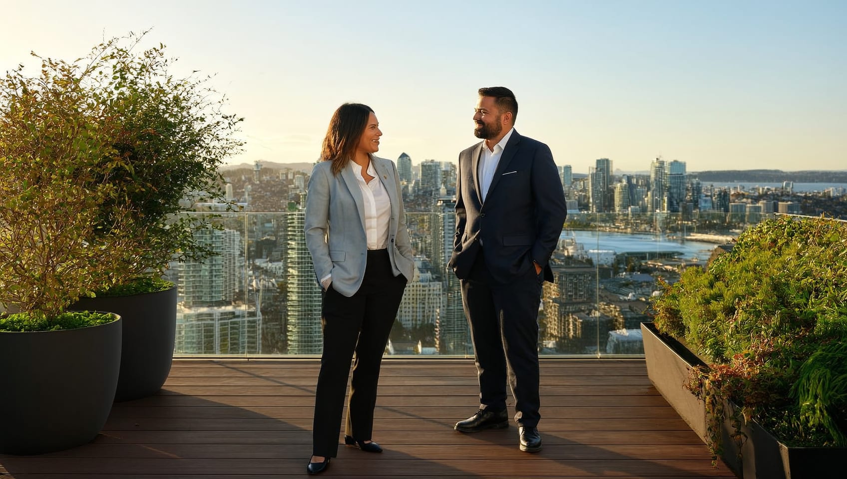 Two JULY Presales team members standing on a rooftop terrace overlooking the Metro Vancouver skyline at golden hour