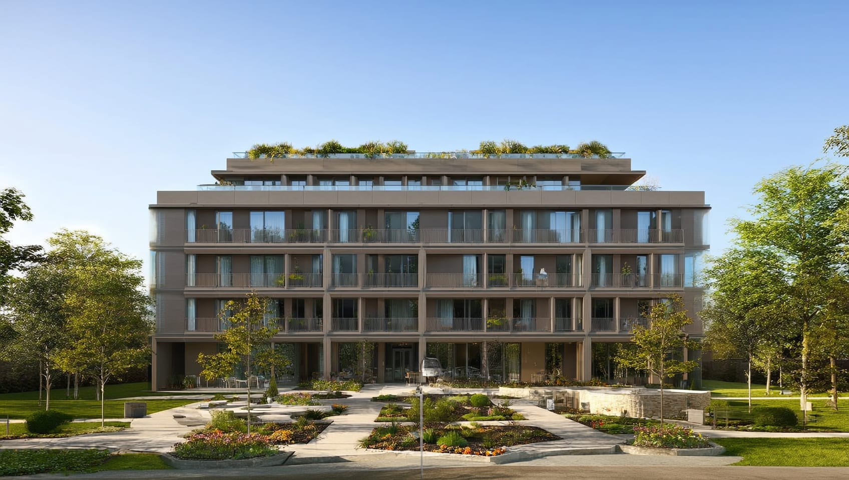 Daytime exterior of a modern six-storey condominium building with landscaped courtyard and rooftop garden visible