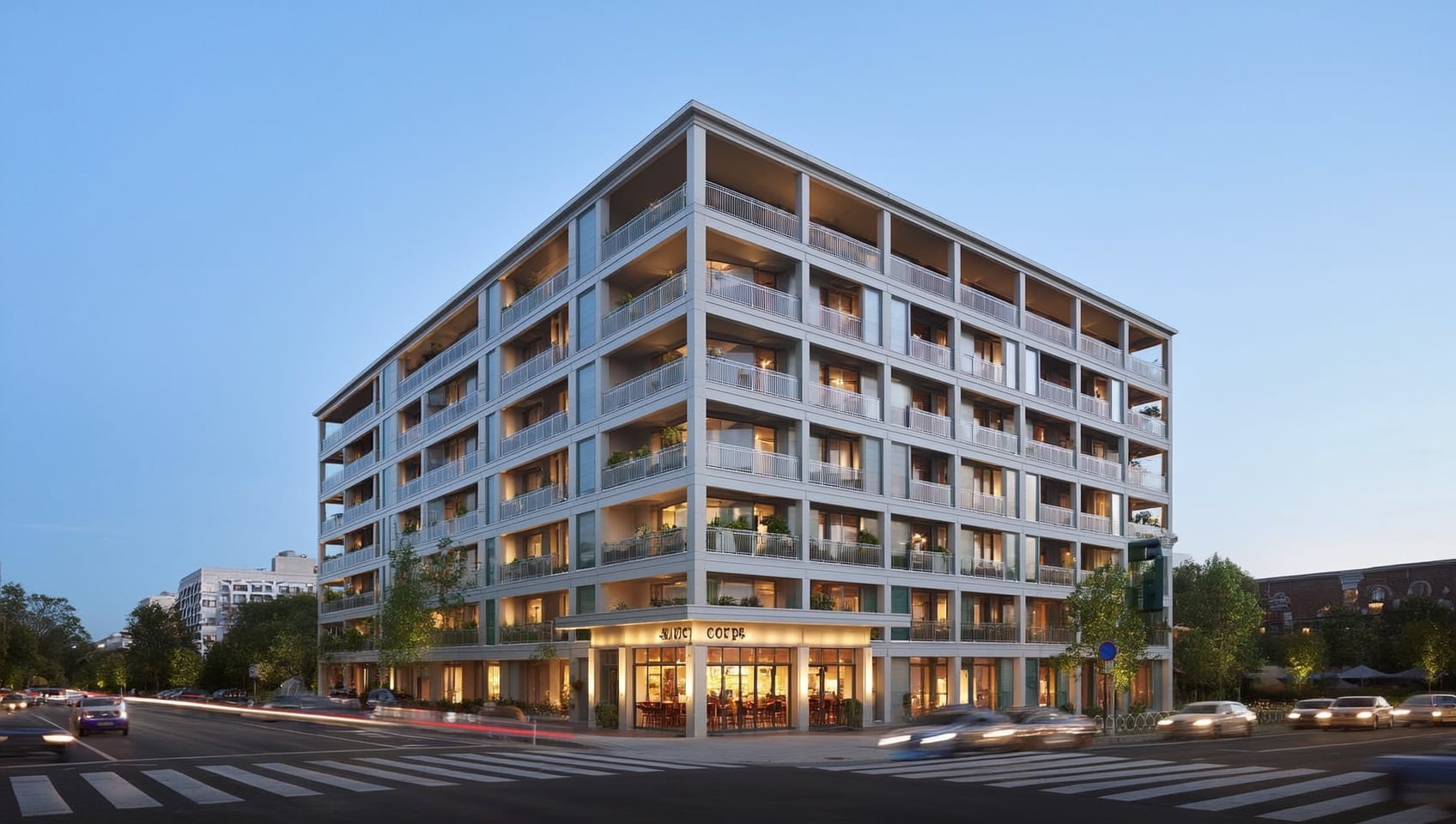 Evening exterior photograph of a modern six-storey condominium building with a lit corner cafe