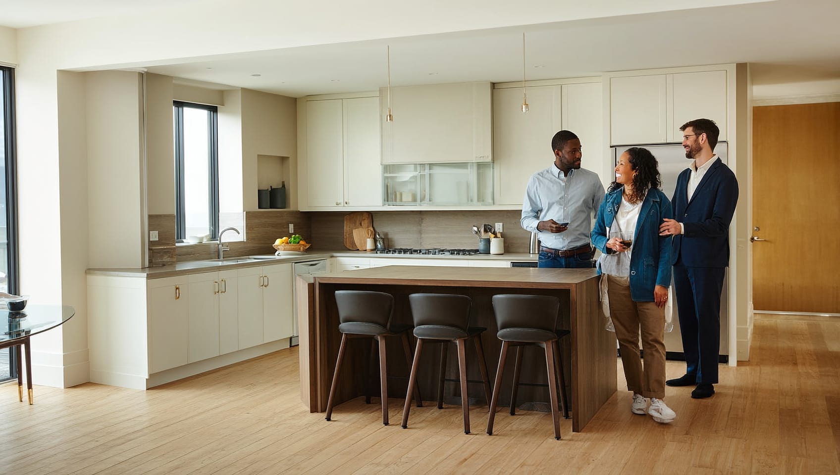 A couple touring a finished model suite, considering the space and finishes