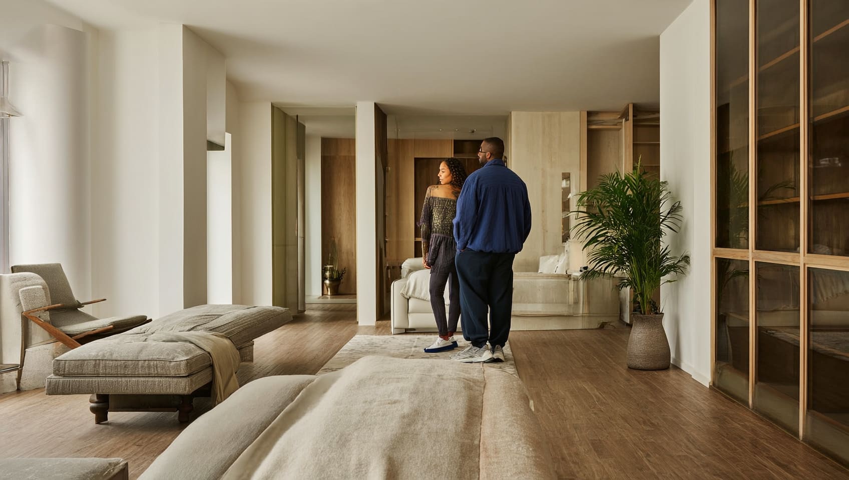 A couple touring a finished model suite, considering the space and finishes