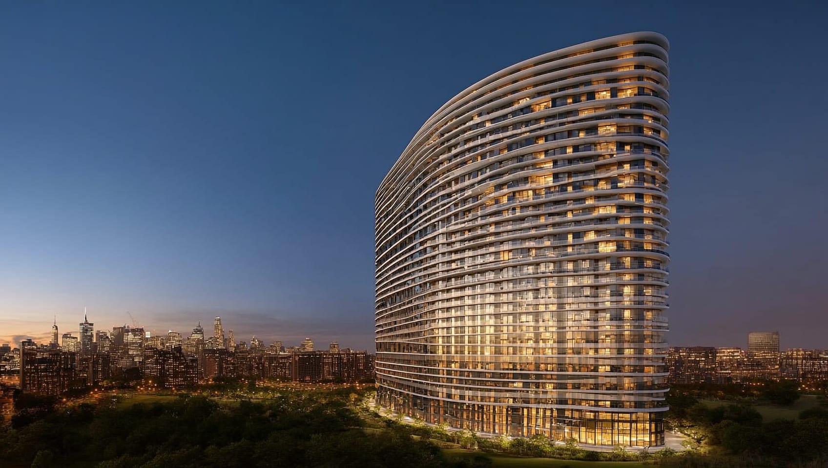 Rendering of a 38-storey presale tower rising above Metrotown at dusk
