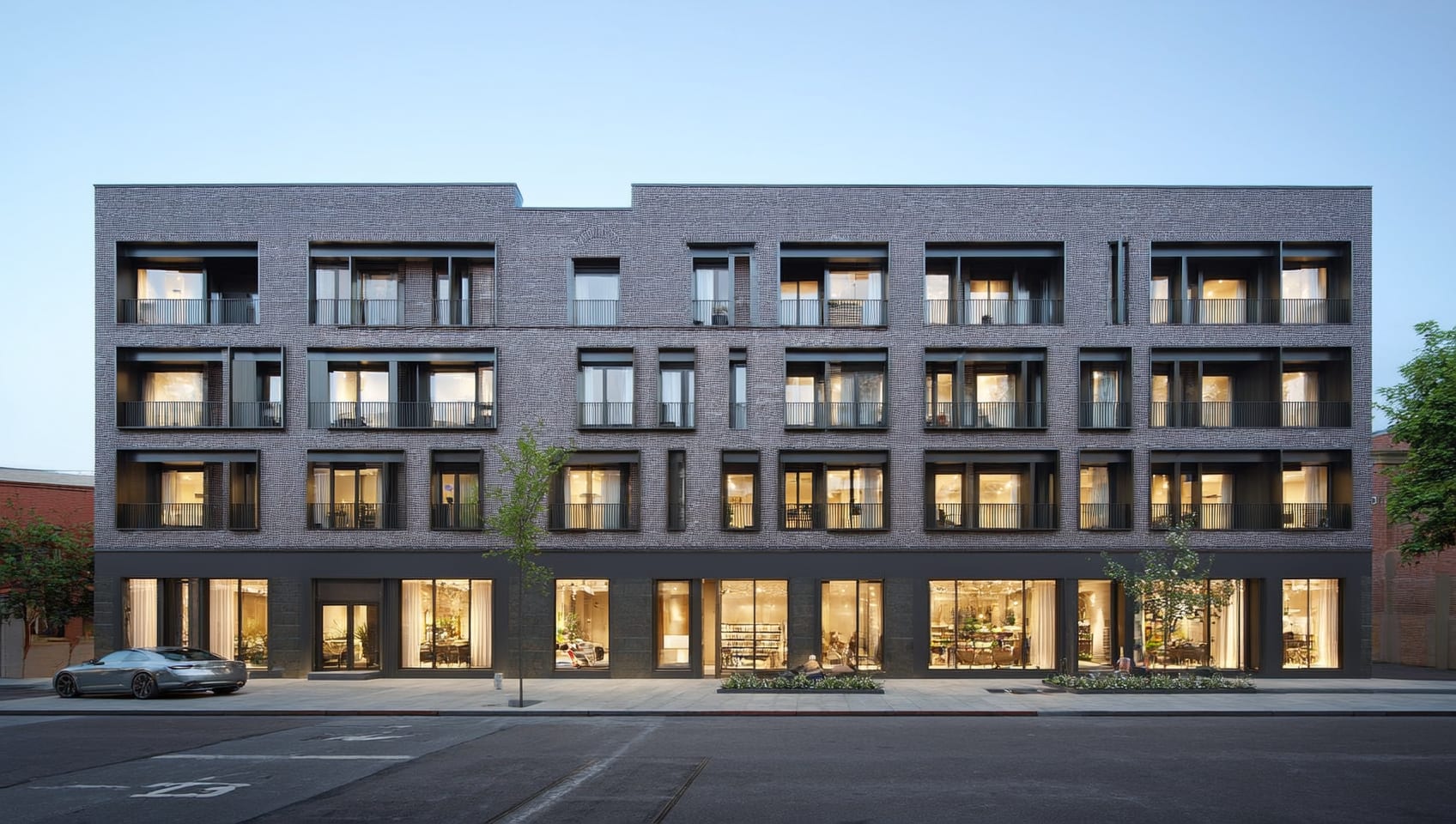 Street-level photograph of a modern mixed-use apartment building with brick facade and ground-level retail